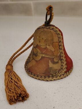 Reuge Wind Up Musical Bell Ornament Angel Holding Guitar Red Gold Ropes